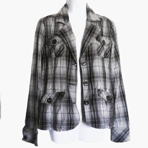 Maurices Gray & Back Plaid Denim Jacket Blazer Pockets Long Sleeve Buttons EUC L
